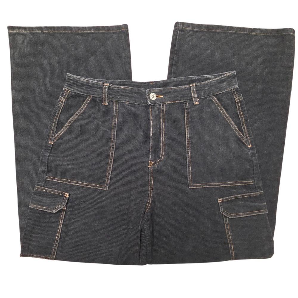 Umgee Corduroy Cargo Pants Womens L Black Wide Leg Boho Workwear Utilitarian